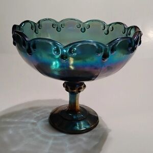 Indiana Glass LG Pedestal Bowl Carnival Glass Peacock Blue Garland Iridescent